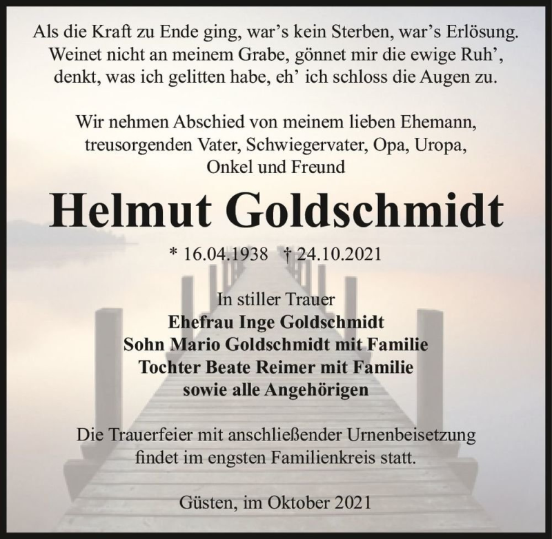 Traueranzeige für Helmut Goldschmidt  vom 30.10.2021 aus Magdeburger Volksstimme
