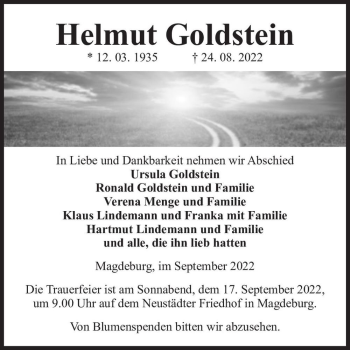 Traueranzeige von Helmut Goldstein  von Magdeburger Volksstimme