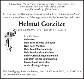 Traueranzeige von Helmut Gorzitze  von Magdeburger Volksstimme