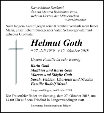 Traueranzeige von Helmut Goth  von Magdeburger Volksstimme