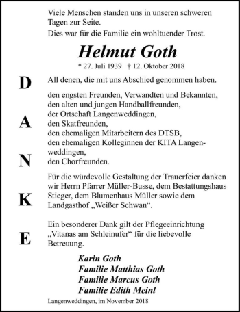 Traueranzeige von Helmut Goth  von Magdeburger Volksstimme