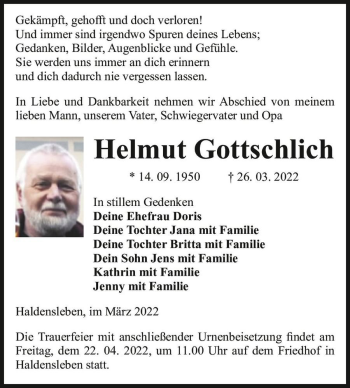 Traueranzeige von Helmut Gottschlich  von Magdeburger Volksstimme