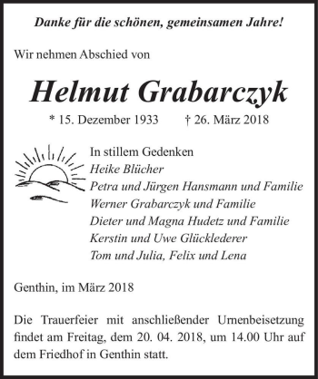 Traueranzeige von Helmut Grabarczyk  von Magdeburger Volksstimme