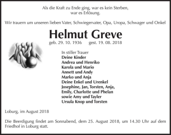 Traueranzeige von Helmut Greve  von Magdeburger Volksstimme