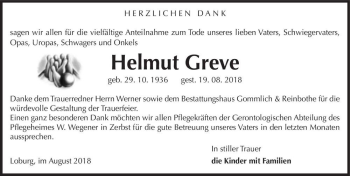 Traueranzeige von Helmut Greve  von Magdeburger Volksstimme