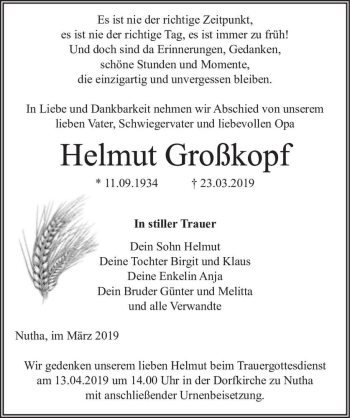 Traueranzeige von Helmut Großkopf  von Magdeburger Volksstimme