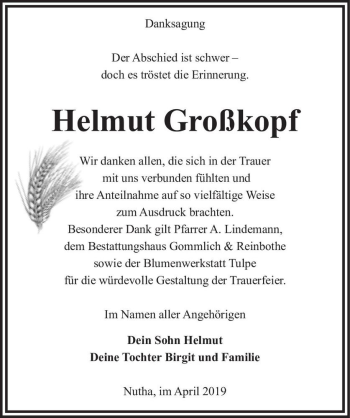 Traueranzeige von Helmut Großkopf  von Magdeburger Volksstimme