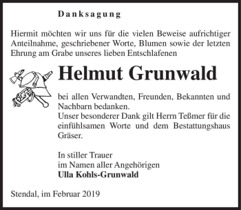 Traueranzeige von Helmut Grunwald  von Magdeburger Volksstimme