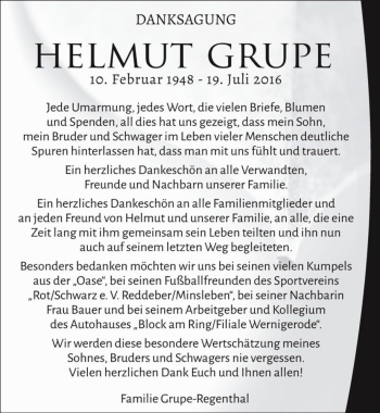 Traueranzeige von Helmut Grupe  von Magdeburger Volksstimme