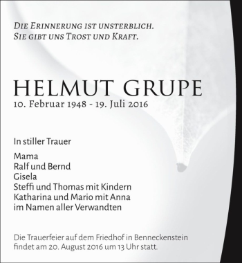 Traueranzeige von Helmut Grupe  von Magdeburger Volksstimme