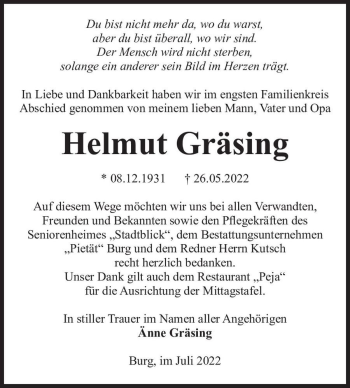 Traueranzeige von Helmut Gräsing  von Magdeburger Volksstimme