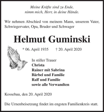 Traueranzeige von Helmut Guminski  von Magdeburger Volksstimme