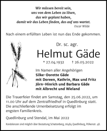 Traueranzeige von Helmut Gäde  von Magdeburger Volksstimme