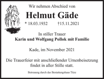Traueranzeige von Helmut Gäde  von Magdeburger Volksstimme