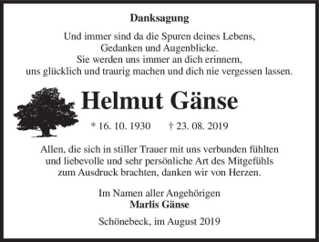 Traueranzeige von Helmut Gänse  von Magdeburger Volksstimme