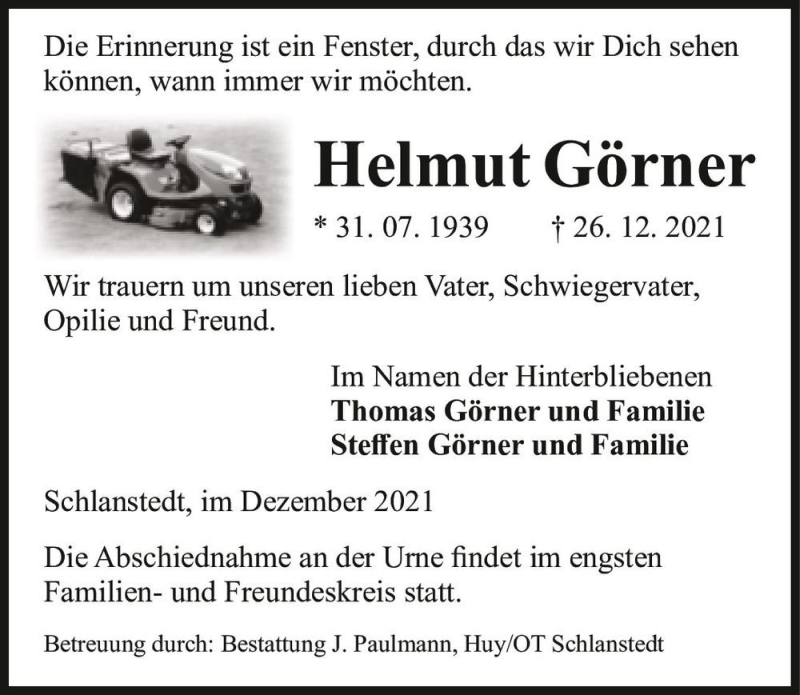  Traueranzeige für Helmut Görner  vom 08.01.2022 aus Magdeburger Volksstimme