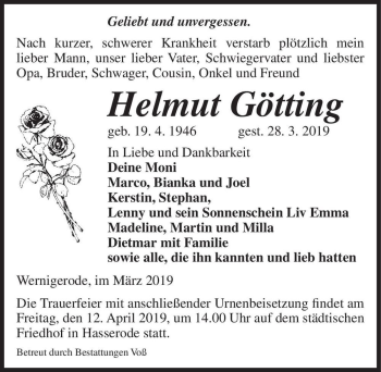 Traueranzeige von Helmut Götting  von Magdeburger Volksstimme