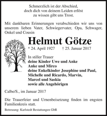 Traueranzeige von Helmut Götze  von Magdeburger Volksstimme