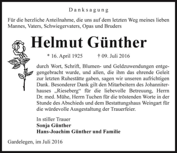 Traueranzeige von Helmut Günther  von Magdeburger Volksstimme