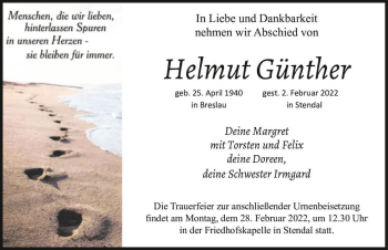 Traueranzeige von Helmut Günther  von Magdeburger Volksstimme