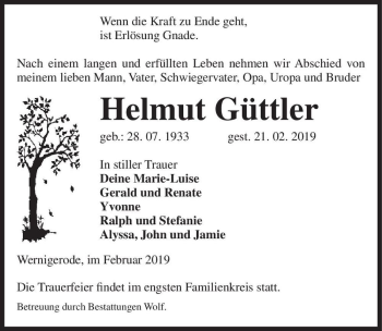 Traueranzeige von Helmut Güttler  von Magdeburger Volksstimme