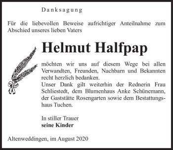 Traueranzeige von Helmut Halfpap  von Magdeburger Volksstimme