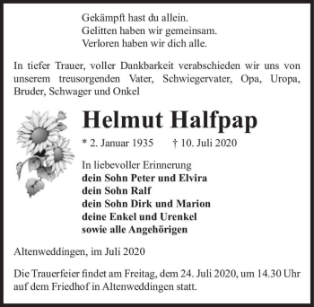 Traueranzeige von Helmut Halfpap  von Magdeburger Volksstimme