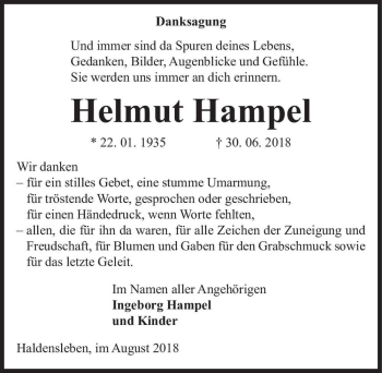 Traueranzeige von Helmut Hampel  von Magdeburger Volksstimme