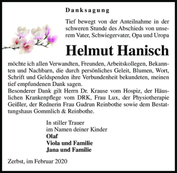 Traueranzeige von Helmut Hanisch  von Magdeburger Volksstimme