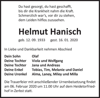 Traueranzeige von Helmut Hanisch  von Magdeburger Volksstimme