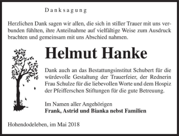 Traueranzeige von Helmut Hanke  von Magdeburger Volksstimme