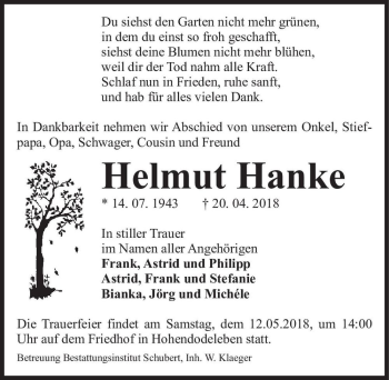Traueranzeige von Helmut Hanke  von Magdeburger Volksstimme