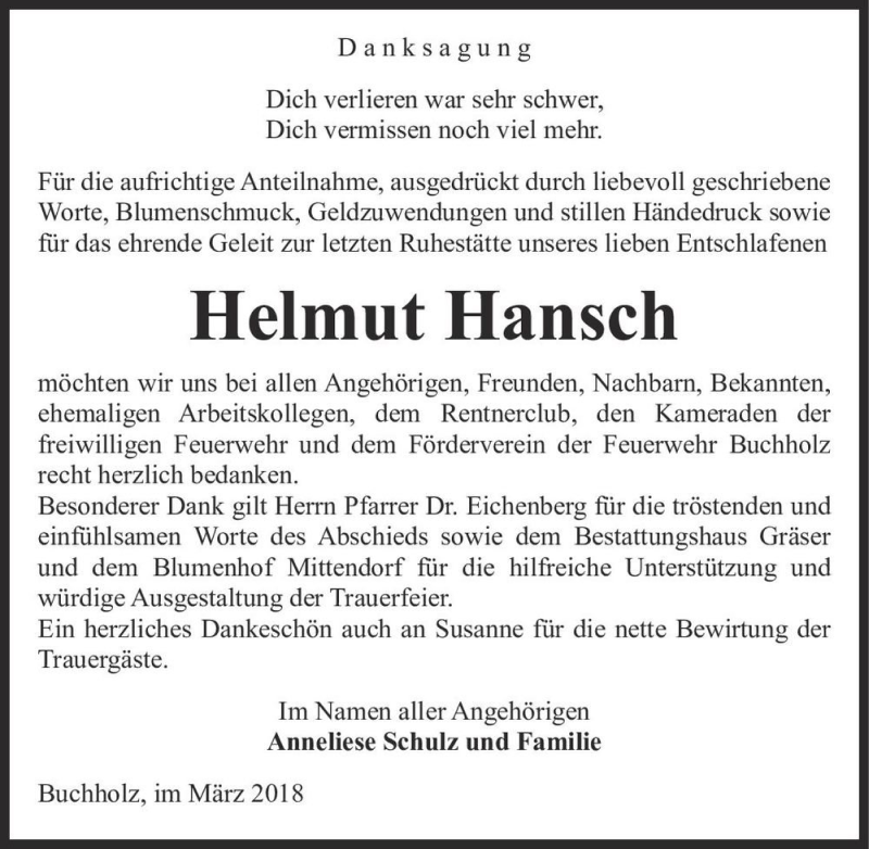  Traueranzeige für Helmut Hansch  vom 15.03.2018 aus Magdeburger Volksstimme