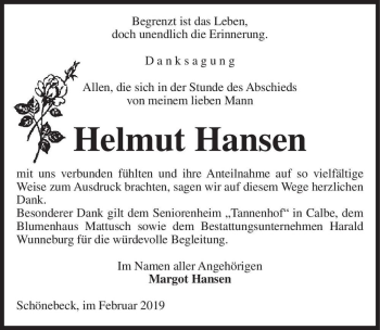 Traueranzeige von Helmut Hansen  von Magdeburger Volksstimme