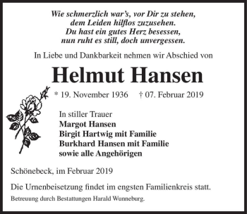 Traueranzeige von Helmut Hansen  von Magdeburger Volksstimme