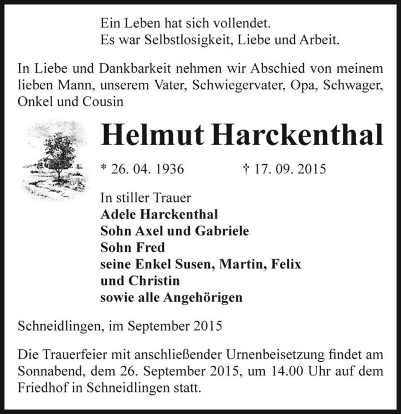  Traueranzeige für Helmut Harckenthal  vom 19.09.2015 aus Magdeburger Volksstimme