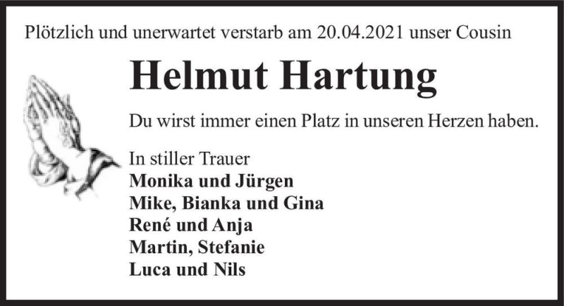  Traueranzeige für Helmut Hartung  vom 04.05.2021 aus Magdeburger Volksstimme