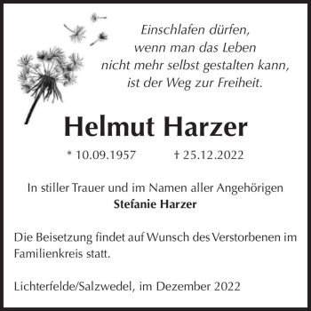 Traueranzeige von Helmut Harzer  von Magdeburger Volksstimme