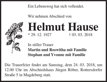 Traueranzeige von Helmut Hause  von Magdeburger Volksstimme