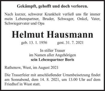 Traueranzeige von Helmut Hausmann  von Magdeburger Volksstimme