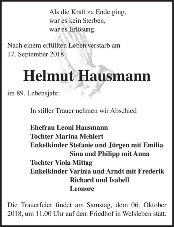 Traueranzeige von Helmut Hausmann  von Magdeburger Volksstimme
