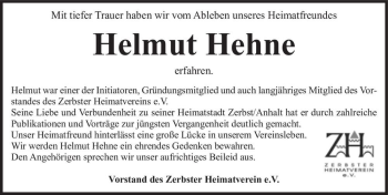 Traueranzeige von Helmut Hehne  von Magdeburger Volksstimme