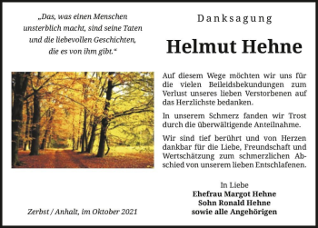 Traueranzeige von Helmut Hehne  von Magdeburger Volksstimme