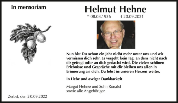 Traueranzeige von Helmut Hehne  von Magdeburger Volksstimme