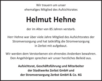 Traueranzeige von Helmut Hehne  von Magdeburger Volksstimme