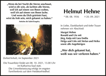 Traueranzeige von Helmut Hehne  von Magdeburger Volksstimme