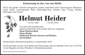 Traueranzeige von Helmut Heider  von Magdeburger Volksstimme
