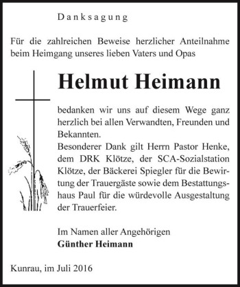 Traueranzeige von Helmut Heimann  von Magdeburger Volksstimme