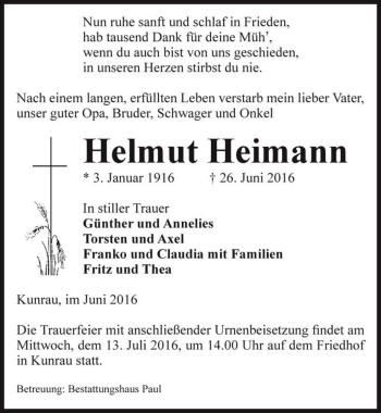 Traueranzeige von Helmut Heimann  von Magdeburger Volksstimme