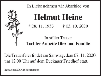 Traueranzeige von Helmut Heine  von Magdeburger Volksstimme